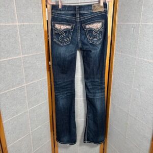 Silver Jeans Co Suki Mid Boot Jeans Womens W26 L33 Dark Wash Embellished Pockets